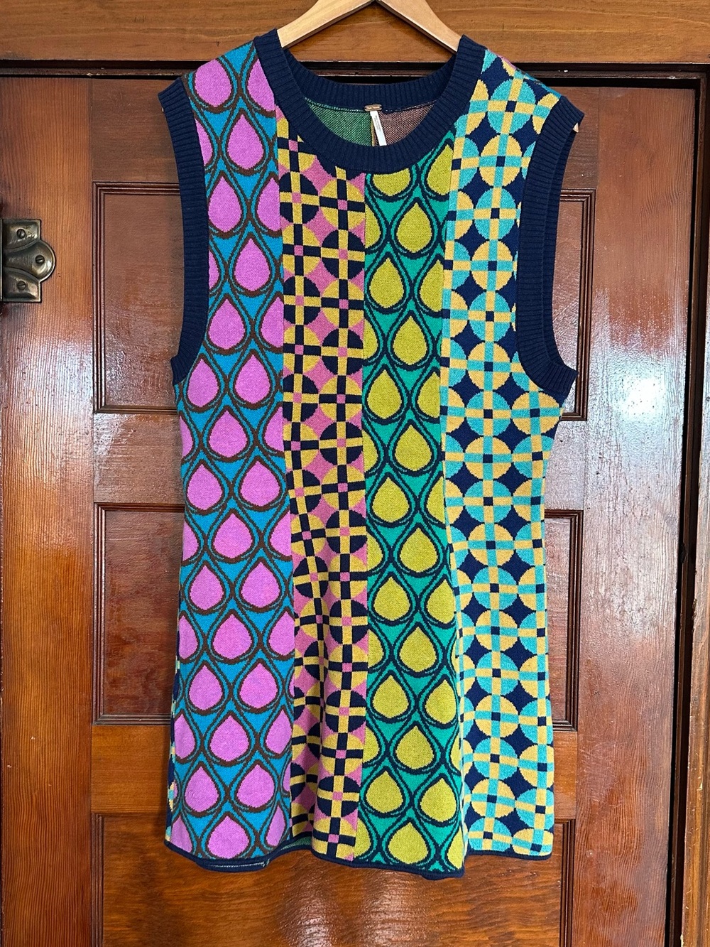 Free People Mira Mod Retro Patchwork Mini Sleeveless Sweater Dress Size Medium